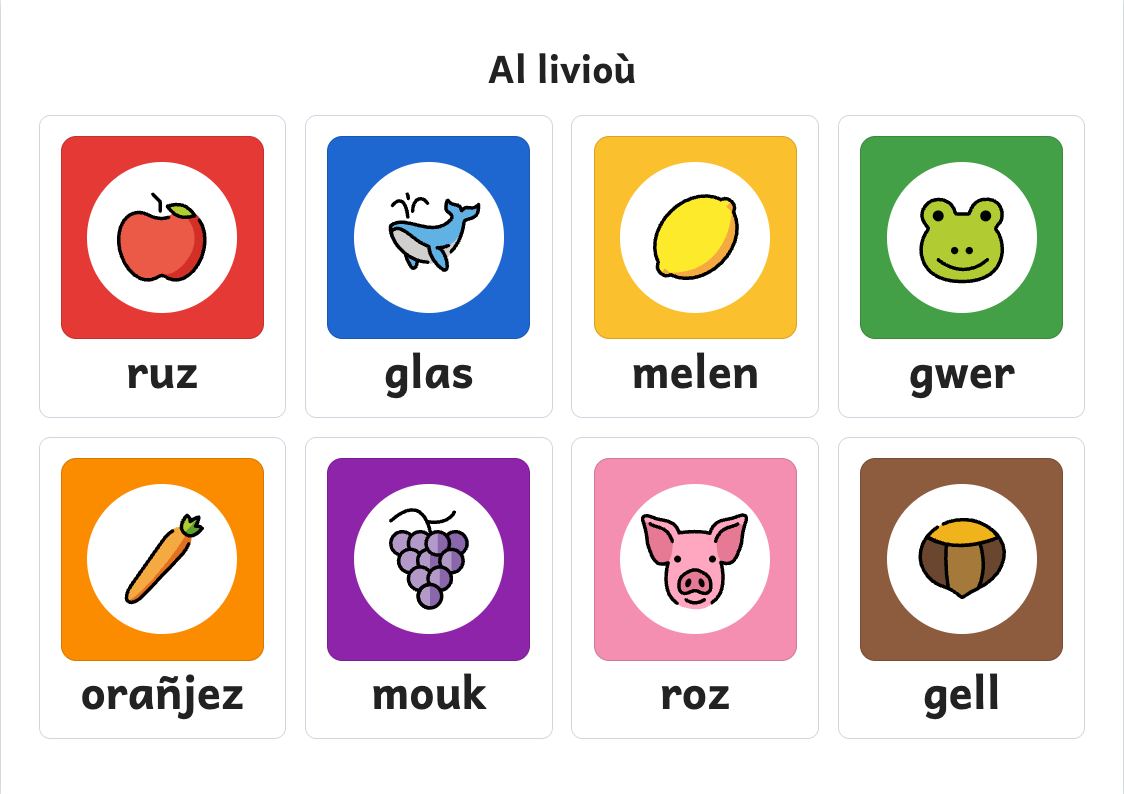 Rakwel, pajenn 1 : Skritell al livioù : ruz, glas, melen, gwer…