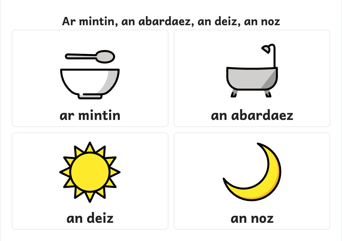 Rakwel, pajenn 1 : Skritell : ar mintin, an abardaez, an deiz hag an noz
