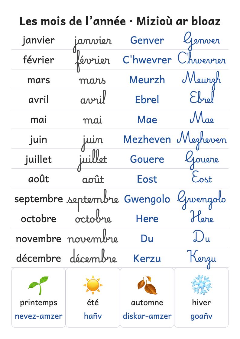 Aperçu, page 1 : Affiche des mois de l’année en script et en attaché, et des saisons (CP)