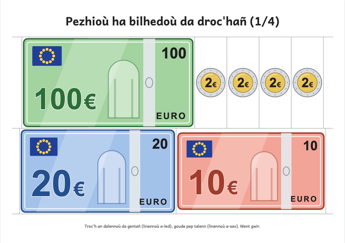 Rakwel, pajenn 1 : Plañchenn euroioù ha santimoù da droc'hañ (ment gwir)