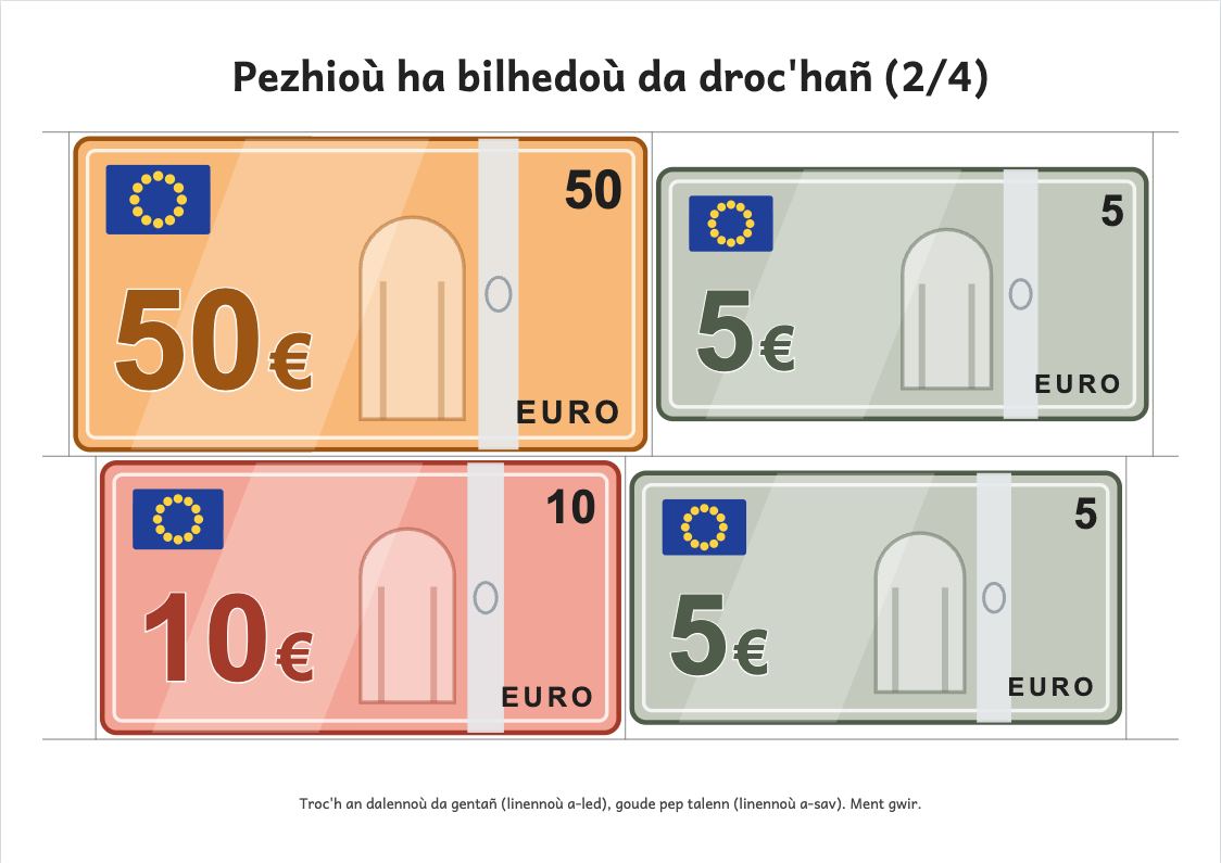 Rakwel, pajenn 2 : Plañchenn euroioù ha santimoù da droc'hañ (ment gwir)