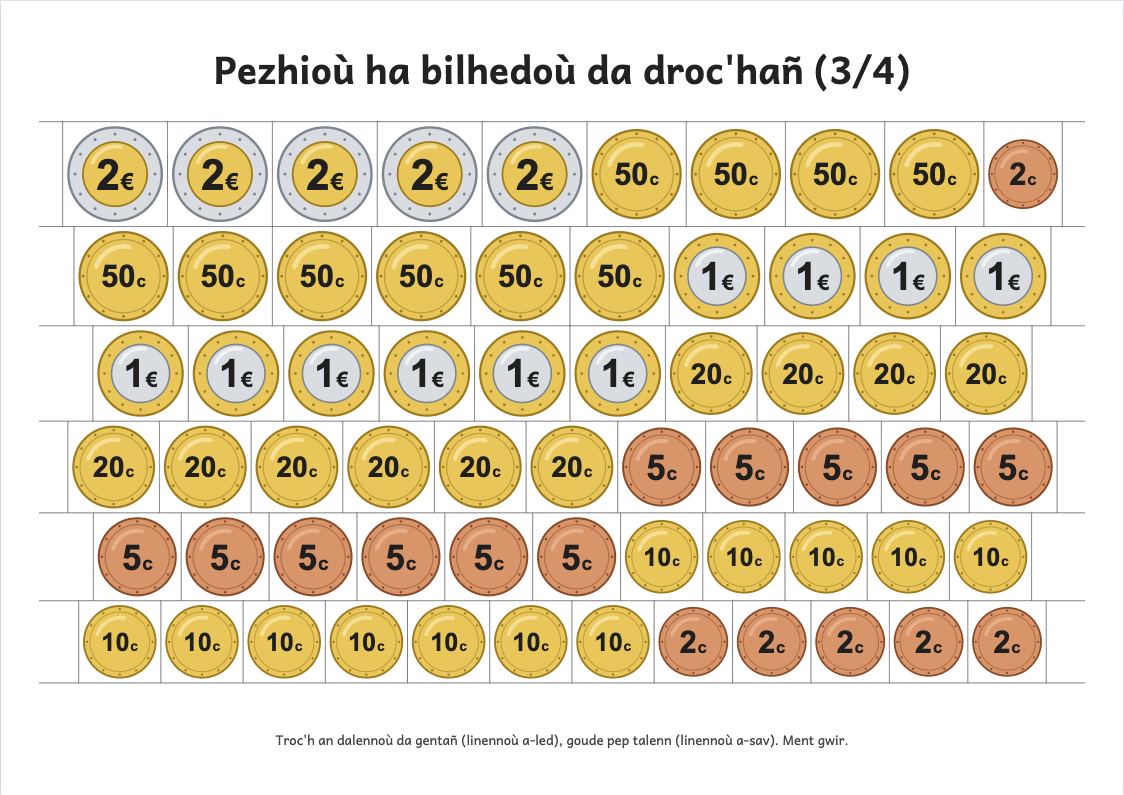 Rakwel, pajenn 3 : Plañchenn euroioù ha santimoù da droc'hañ (ment gwir)