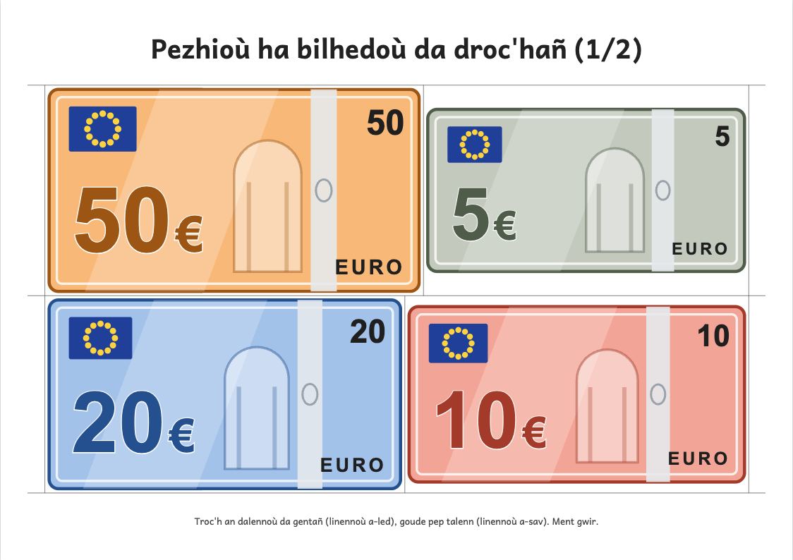 Rakwel, pajenn 1 : Plañchenn pezhioù ha bilhedoù euro da droc'hañ (ment gwir)