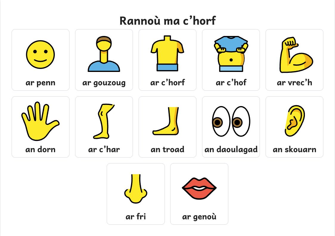 Rakwel, pajenn 1 : Skritell rannoù ar c’horf : ar penn, ar gouzoug, ar c’horf, ar c’hof, an divrec’h, an divhar…