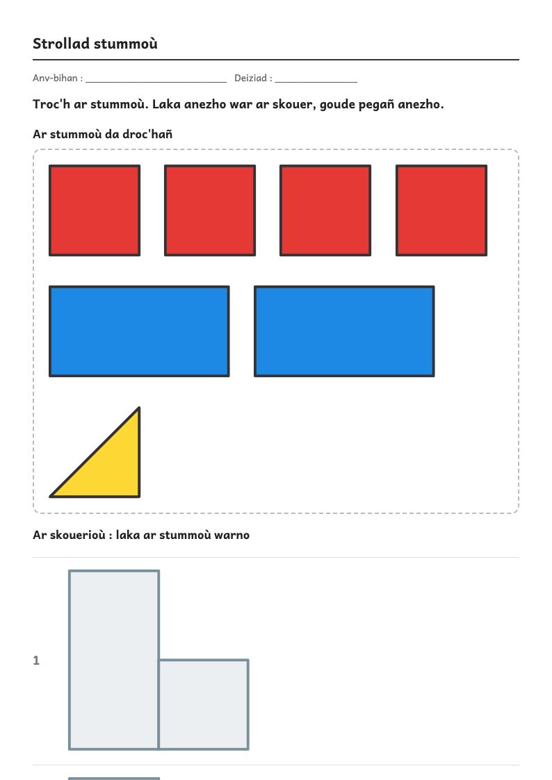 Rakwel, pajenn 1 : Assemblages de formes — Reproduire un assemblage (puzzle, pavage, tour de cubes)