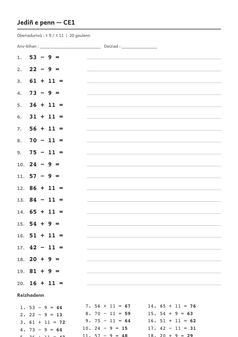 Rakwel, pajenn 1 : Calcul mental — Ajouter ou retirer 9, 19, 29… (passer par la dizaine)