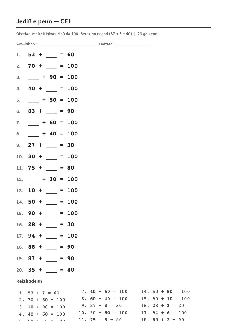 Rakwel, pajenn 1 : Calcul mental — Trouver le complément à la dizaine supérieure (74 + … = 80)