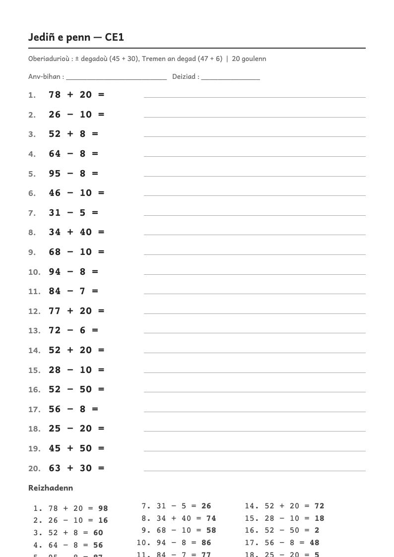 Rakwel, pajenn 1 : Calcul mental — Ajouter ou retirer 1, 2, 10, 20, 30… puis des centaines