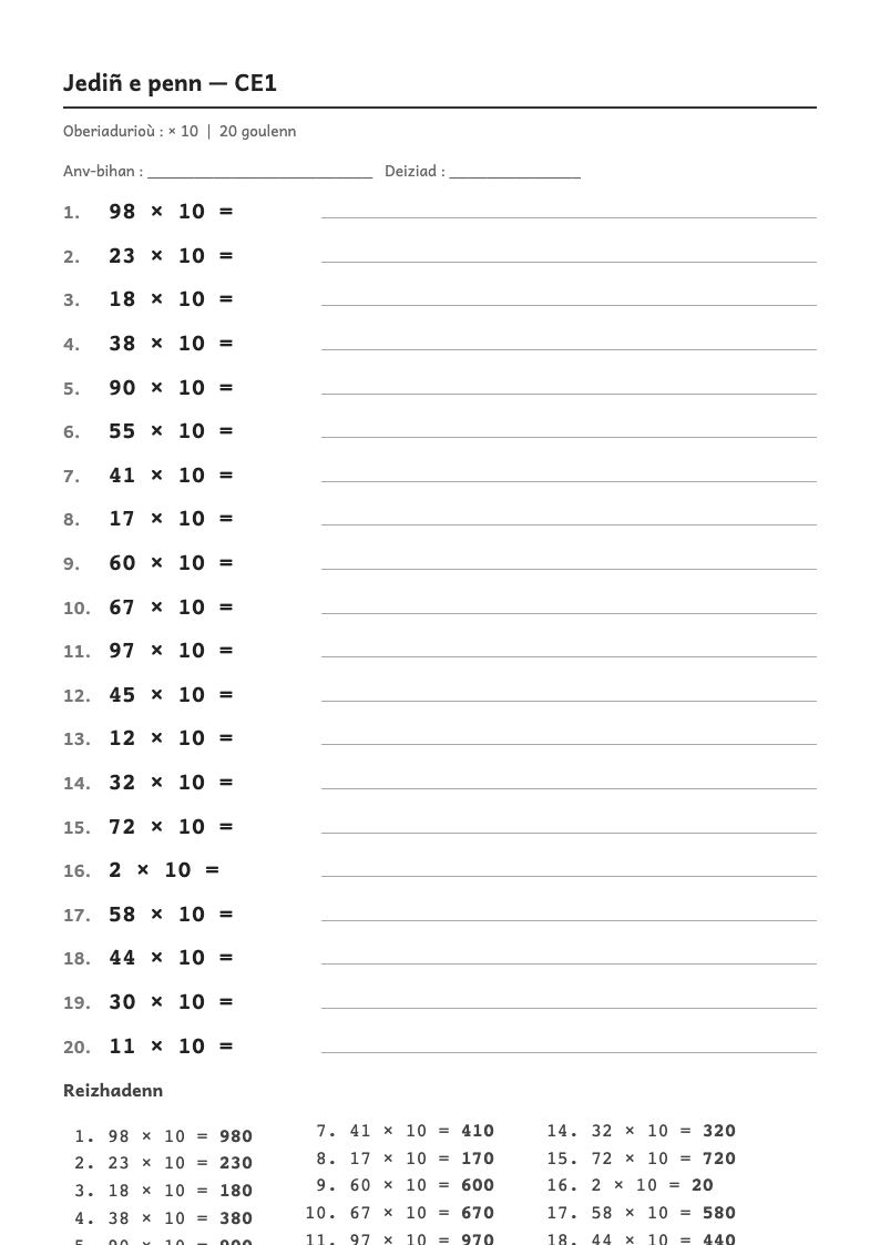 Rakwel, pajenn 1 : Calcul mental — Multiplier par 10, 100, 1 000 (puis diviser un décimal par 10, 100, 1 000)