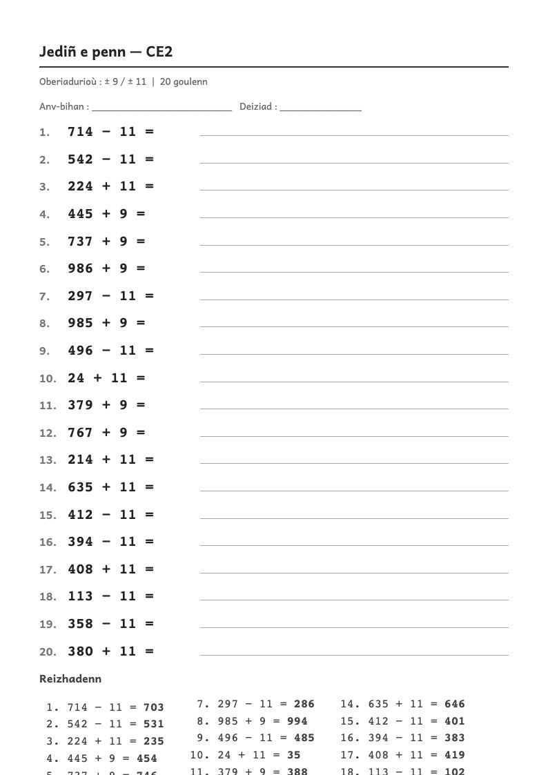 Rakwel, pajenn 1 : Calcul mental — Ajouter ou retirer 9, 19, 29… (passer par la dizaine)
