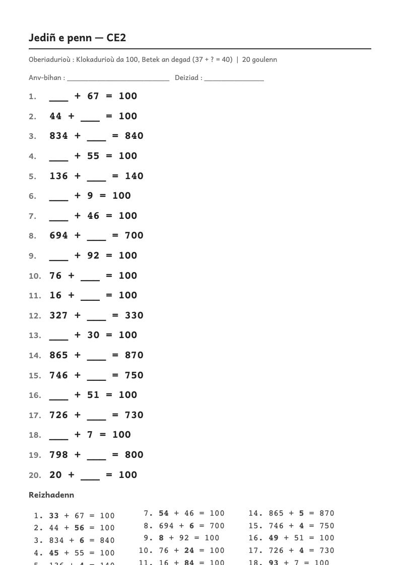 Rakwel, pajenn 1 : Calcul mental — Trouver le complément à la dizaine supérieure (74 + … = 80)