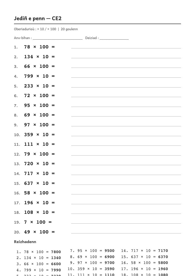 Rakwel, pajenn 1 : Calcul mental — Multiplier par 10, 100, 1 000 (puis diviser un décimal par 10, 100, 1 000)