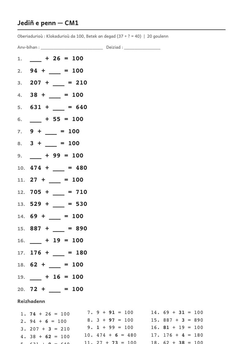 Rakwel, pajenn 1 : Calcul mental — Trouver le complément à la dizaine supérieure (74 + … = 80)