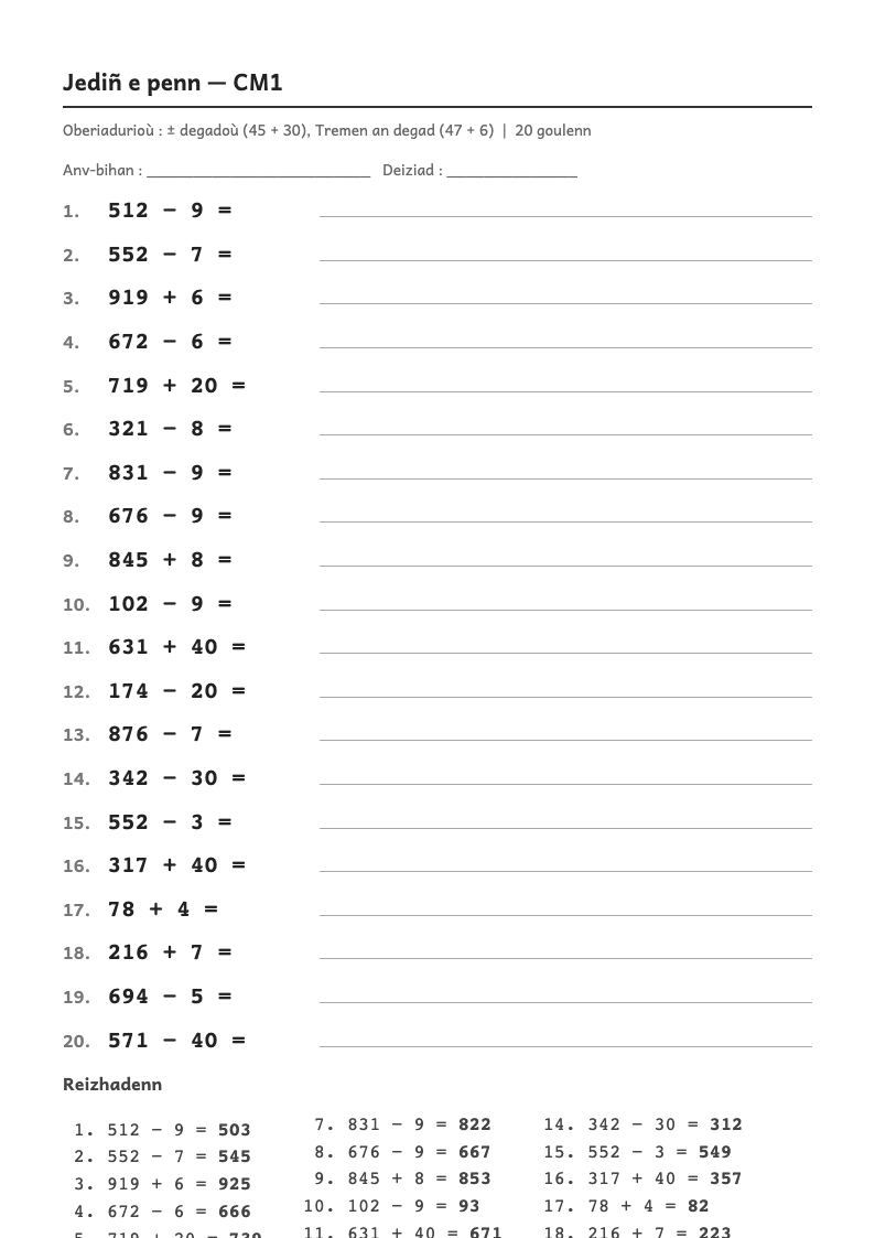 Rakwel, pajenn 1 : Calcul mental — Ajouter ou retirer 1, 2, 10, 20, 30… puis des centaines