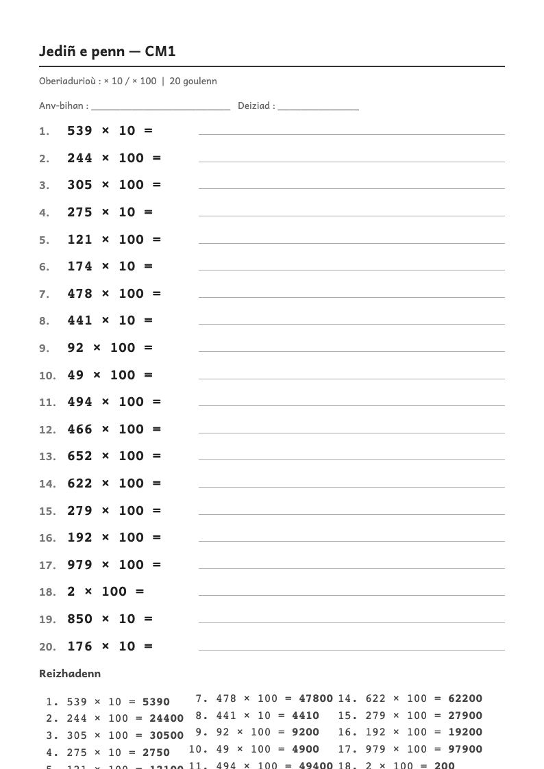 Rakwel, pajenn 1 : Calcul mental — Multiplier par 10, 100, 1 000 (puis diviser un décimal par 10, 100, 1 000)