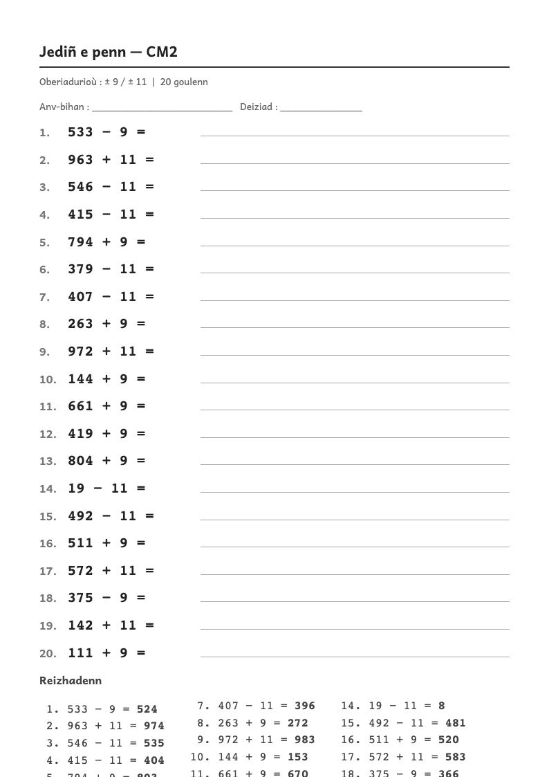 Rakwel, pajenn 1 : Calcul mental — Ajouter ou retirer 9, 19, 29… (passer par la dizaine)