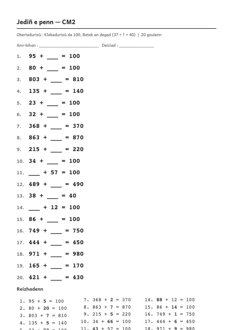Rakwel, pajenn 1 : Calcul mental — Trouver le complément à la dizaine supérieure (74 + … = 80)