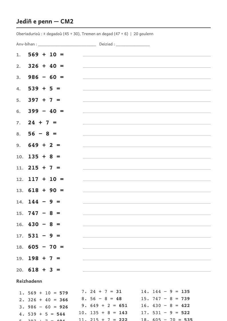 Rakwel, pajenn 1 : Calcul mental — Ajouter ou retirer 1, 2, 10, 20, 30… puis des centaines