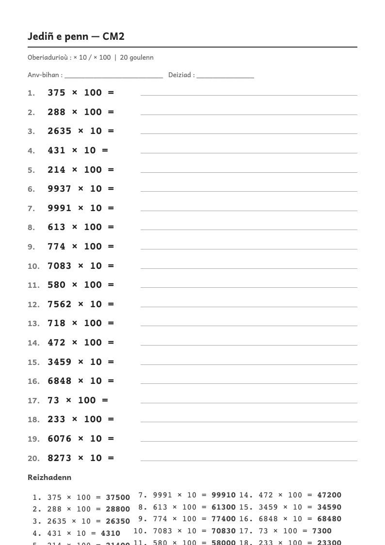 Rakwel, pajenn 1 : Calcul mental — Multiplier par 10, 100, 1 000 (puis diviser un décimal par 10, 100, 1 000)