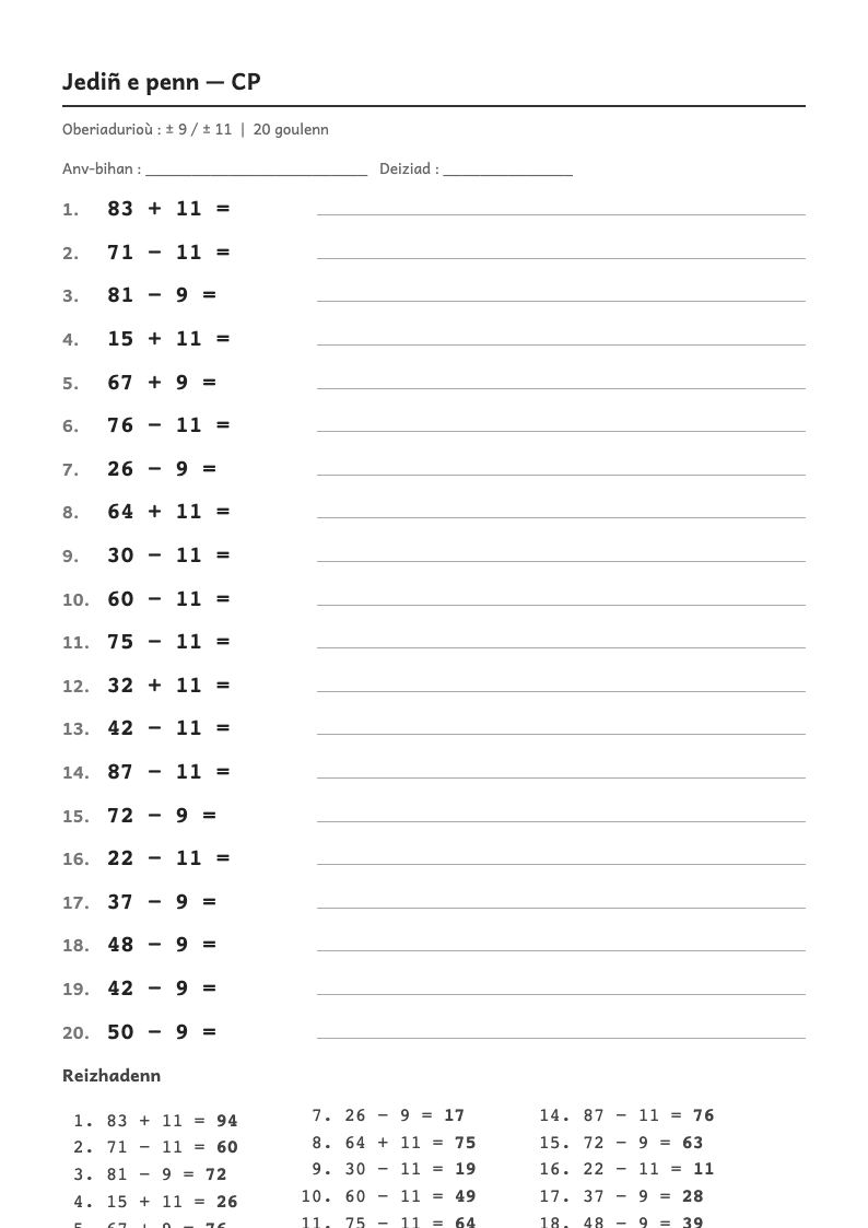 Rakwel, pajenn 1 : Calcul mental — Ajouter ou retirer 9, 19, 29… (passer par la dizaine)