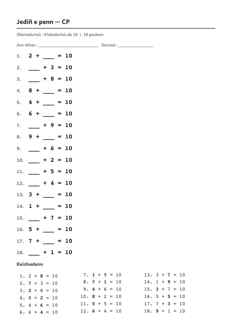 Rakwel, pajenn 1 : Calcul mental — Trouver le complément à la dizaine supérieure (74 + … = 80)