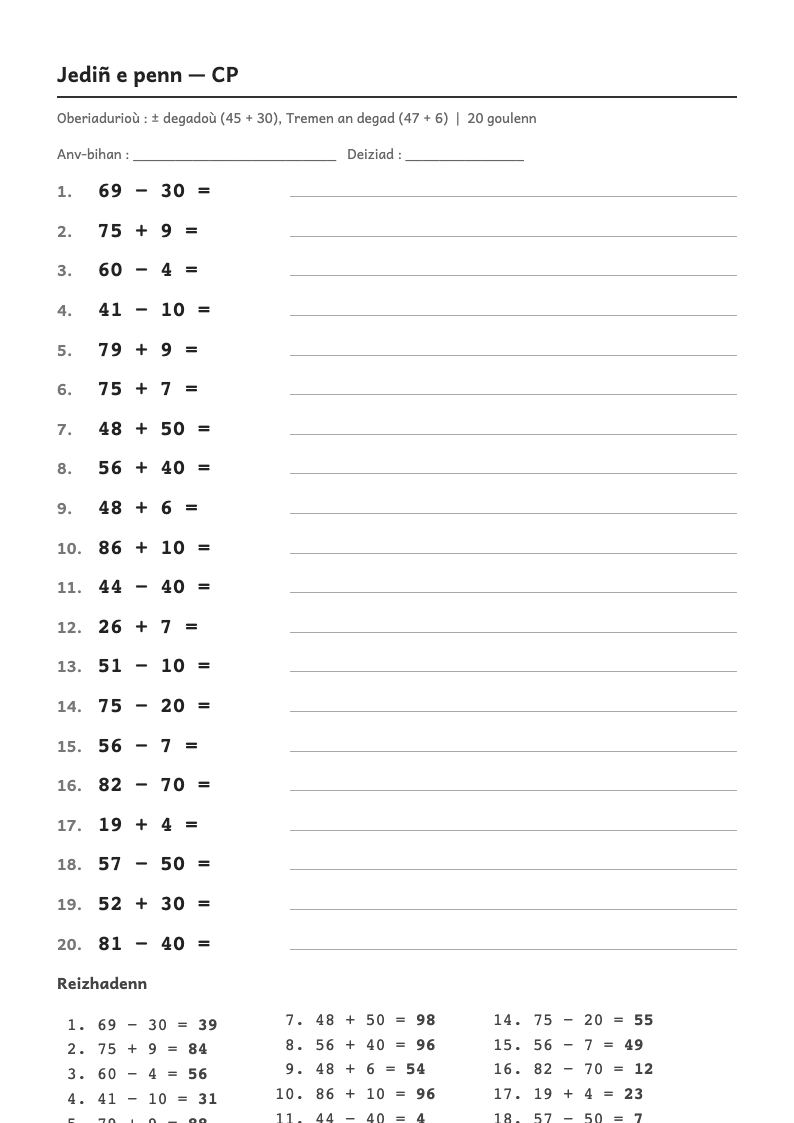 Rakwel, pajenn 1 : Calcul mental — Ajouter ou retirer 1, 2, 10, 20, 30… puis des centaines