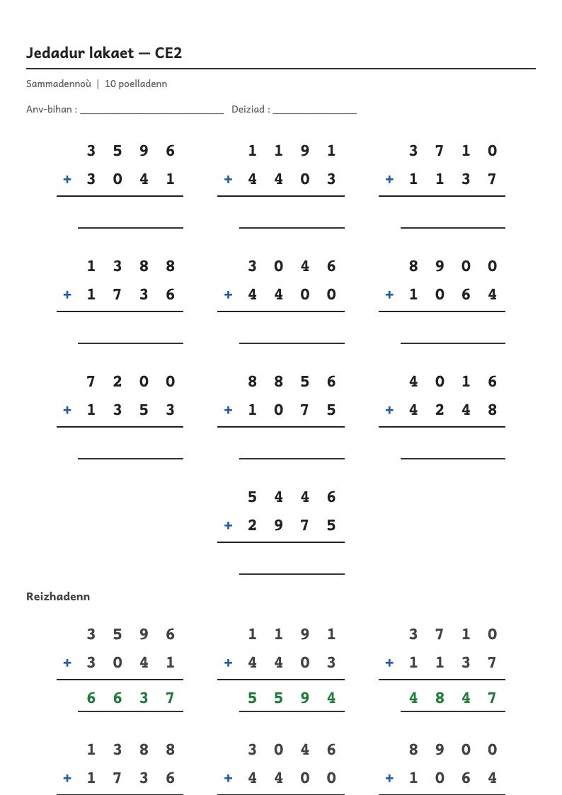 Rakwel, pajenn 1 : Calcul posé — Poser et calculer une addition en colonnes