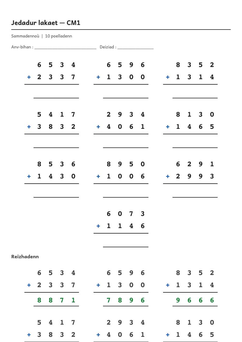 Rakwel, pajenn 1 : Calcul posé — Poser et calculer une addition en colonnes