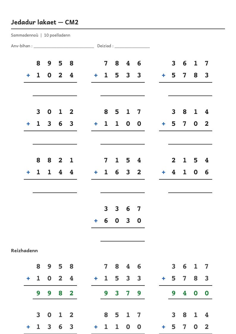 Rakwel, pajenn 1 : Calcul posé — Poser et calculer une addition en colonnes