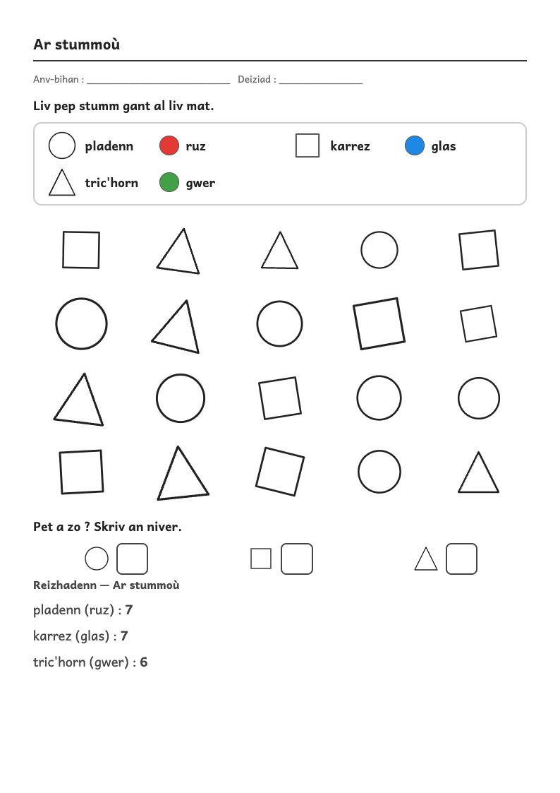 Rakwel, pajenn 1 : Les formes — Trier les objets selon leur forme (PS), reconnaître (MS) puis nommer (GS) carré, rectangle, triangle et disque
