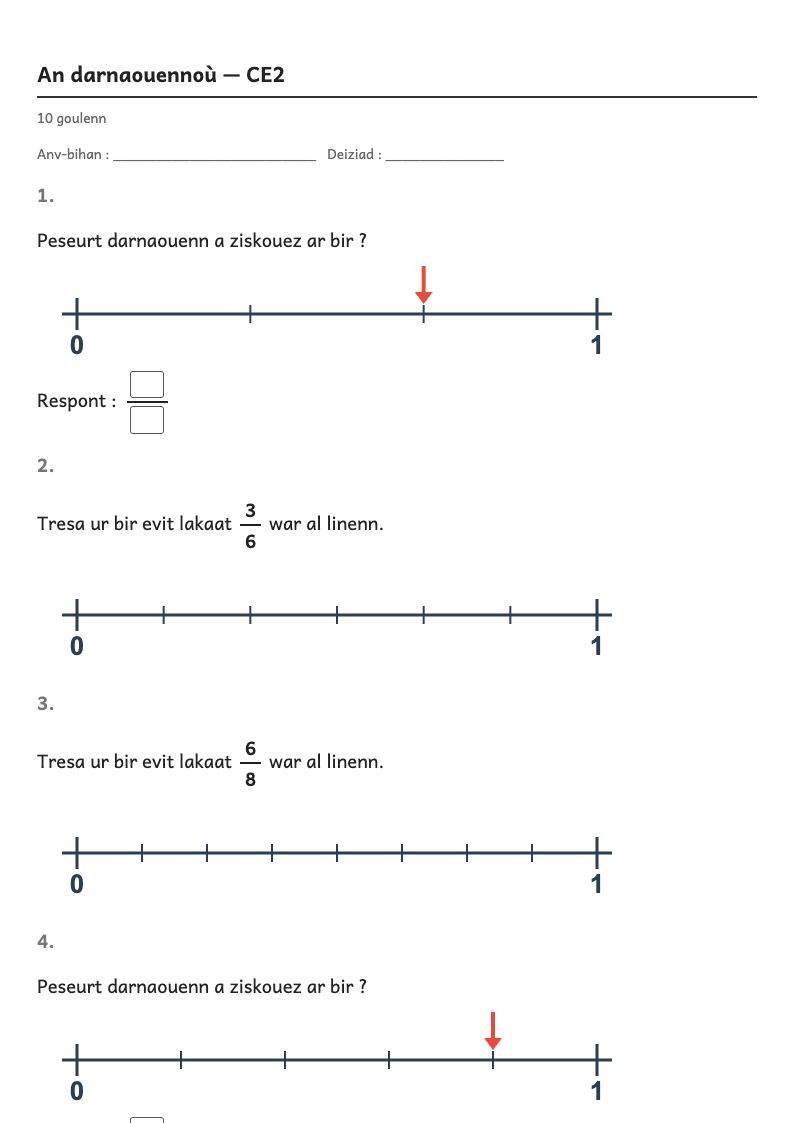 Rakwel, pajenn 1 : Les fractions — Mesurer avec une bande-unité graduée en quarts ou en dixièmes