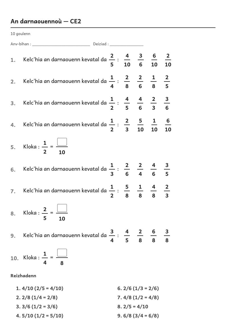 Rakwel, pajenn 1 : Les fractions — Trouver des fractions égales (3/4 = 6/8)