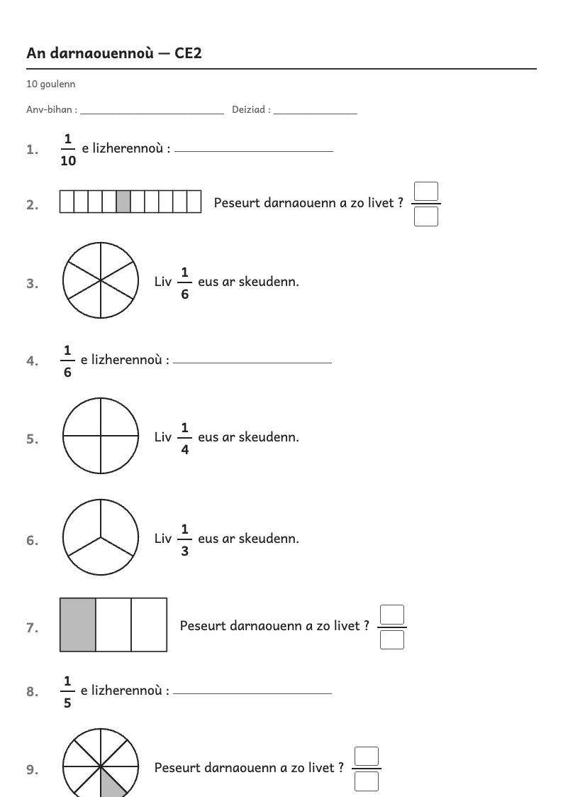 Rakwel, pajenn 1 : Les fractions — Moitié, demi, quart ; lire et représenter 1/2, 1/3, 1/4, 1/5, 1/6, 1/8, 1/10