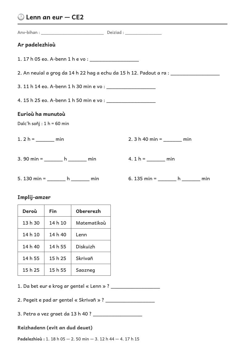 Rakwel, pajenn 1 : Lire l'heure — Calculer une durée (h, min), puis avec les secondes (CM2)