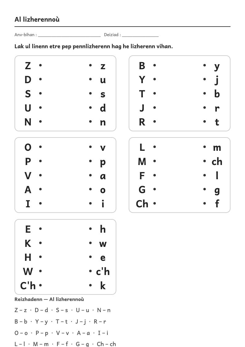 Rakwel, pajenn 1 : Les lettres — Connaître le nom des lettres et associer capitale, script et cursive