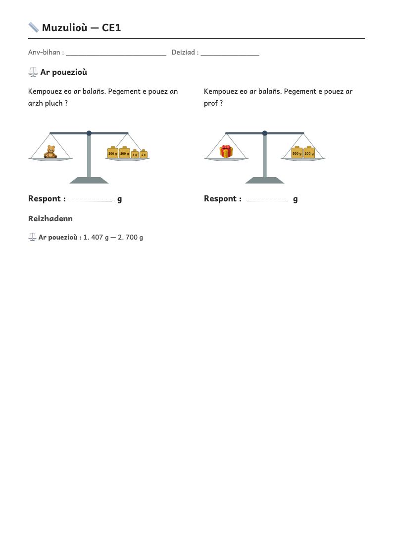 Rakwel, pajenn 1 : Mesures — Peser et comparer des masses ; g et kg (CE1), tonne (CE2), mg (CM1)