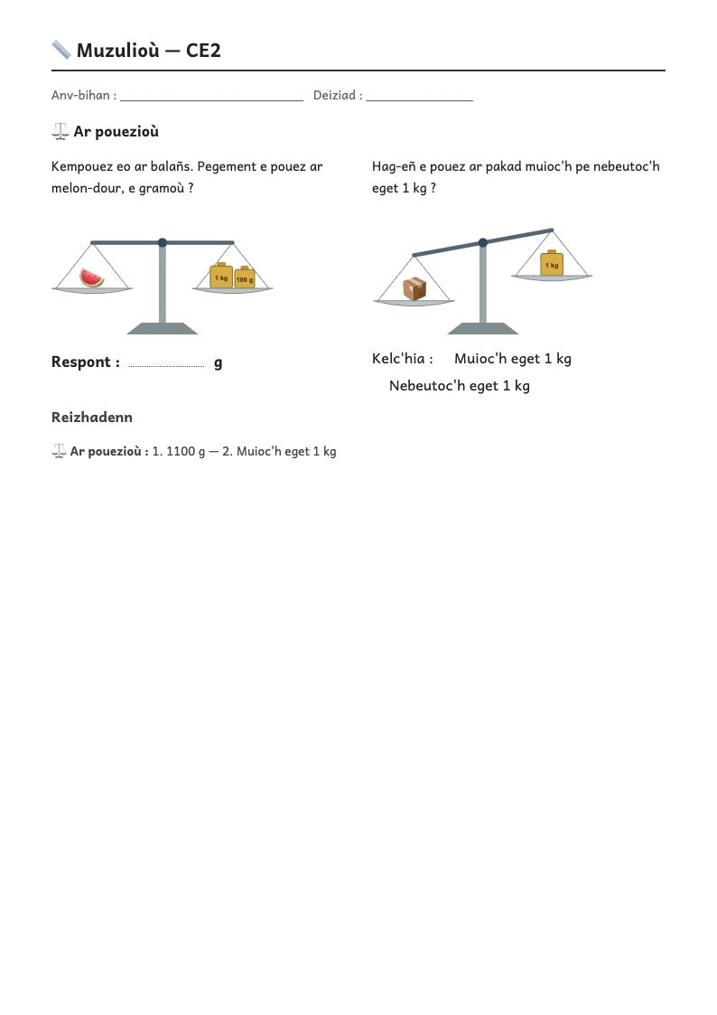 Rakwel, pajenn 1 : Mesures — Peser et comparer des masses ; g et kg (CE1), tonne (CE2), mg (CM1)