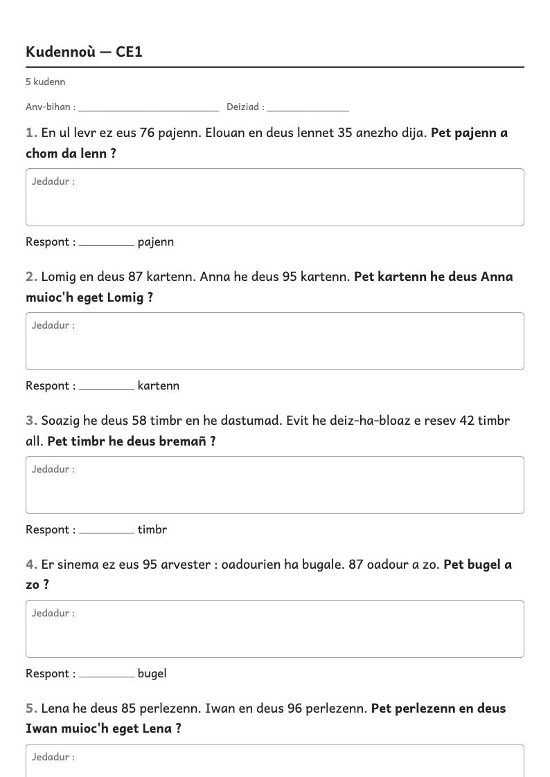 Rakwel, pajenn 1 : Problèmes — Résoudre des problèmes d’addition et de soustraction (parties-tout, comparaison)