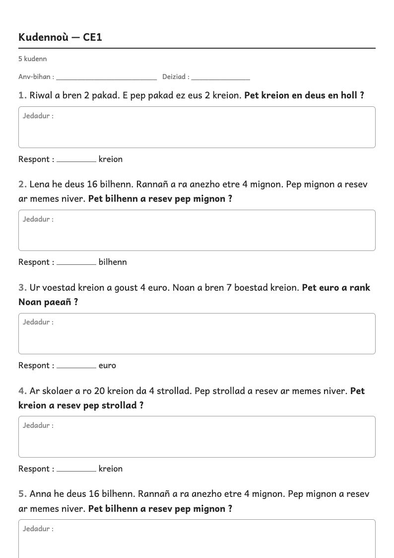 Rakwel, pajenn 1 : Problèmes — Résoudre des problèmes de multiplication et de partage