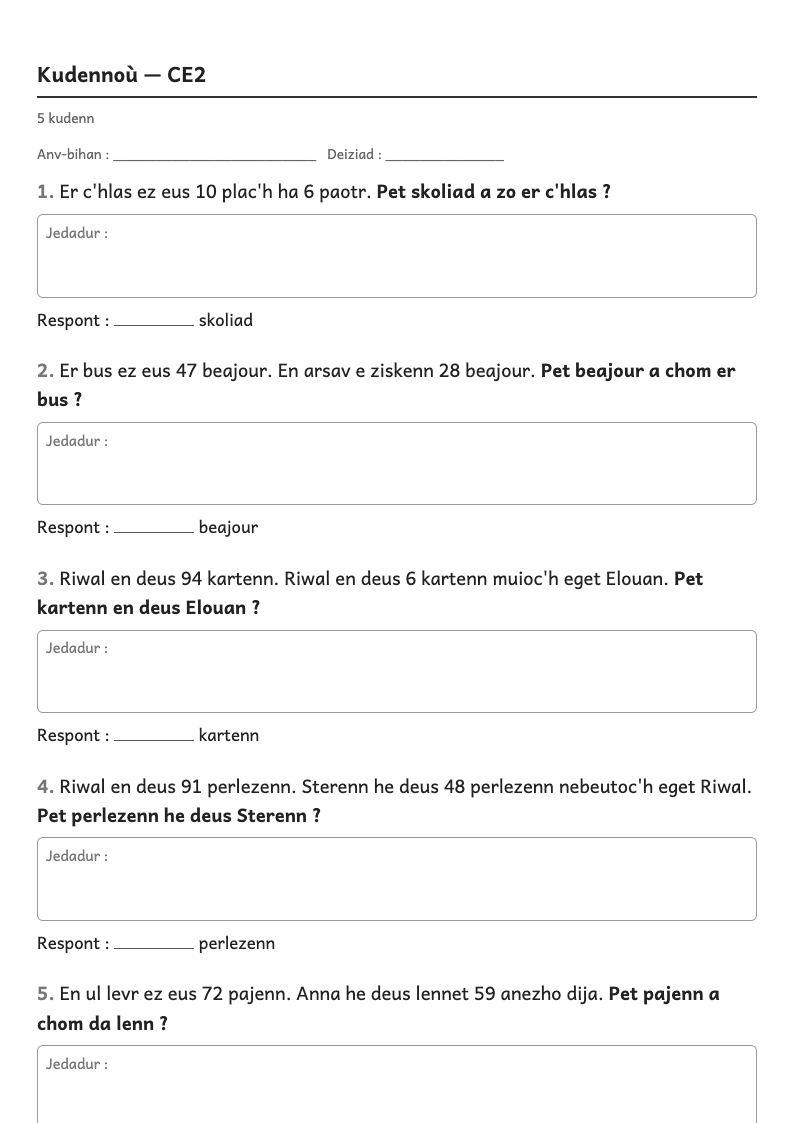 Rakwel, pajenn 1 : Problèmes — Résoudre des problèmes d’addition et de soustraction (parties-tout, comparaison)