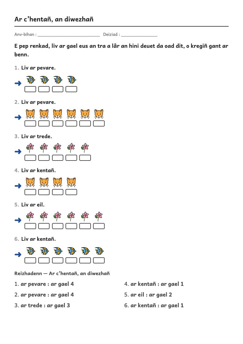 Rakwel, pajenn 1 : Le premier, le dernier — Trouver le rang d’un objet dans une file : le premier, le deuxième… le dernier (jusqu’à 6, puis jusqu’à 10)