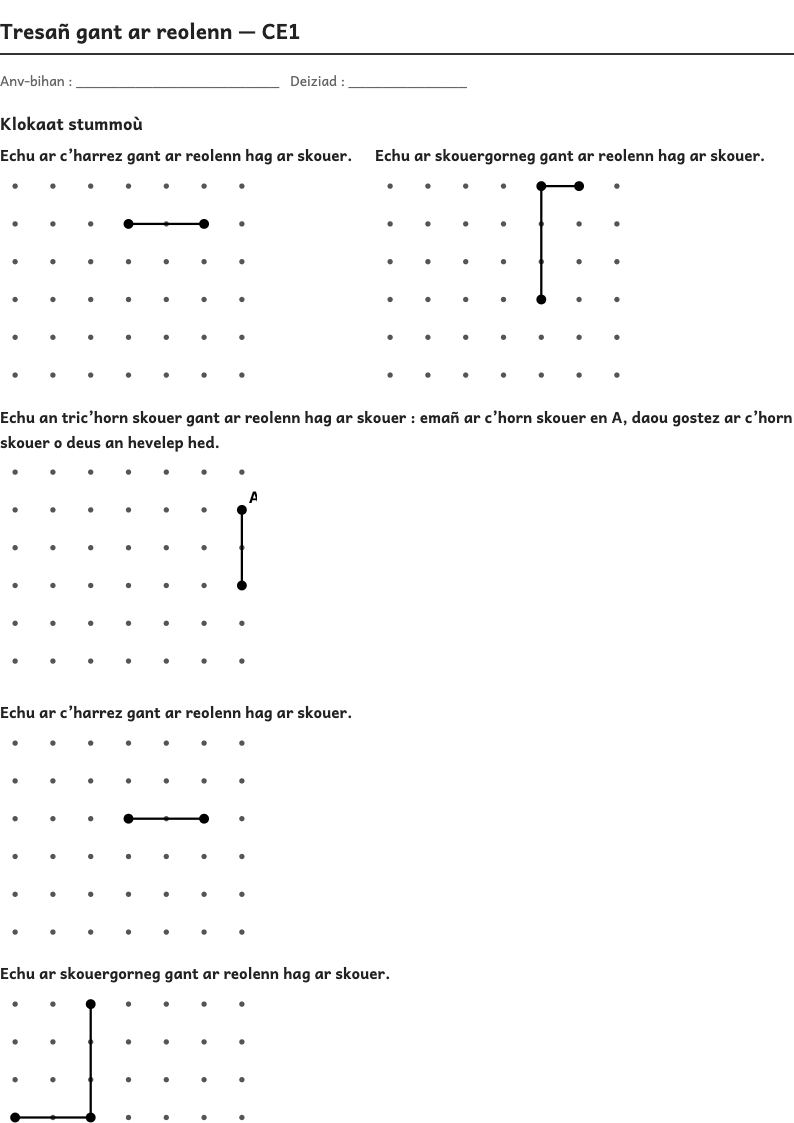 Rakwel, pajenn 1 : Tracer à la règle — Reproduire, compléter ou tracer des figures sur papier quadrillé, pointé ou uni, à la règle puis à l’équerre et au compas