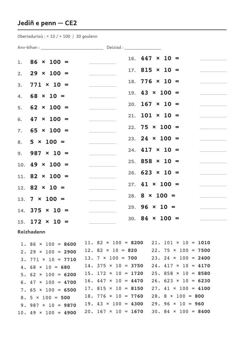 Rakwel, pajenn 1 : Fichenn jediñ : liesaat dre 10 ha dre 100