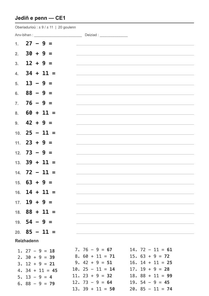 Calcul mental — CE1 : ajouter ou retirer 9 et 11, fiches d'exercices à imprimer (consignes en breton)