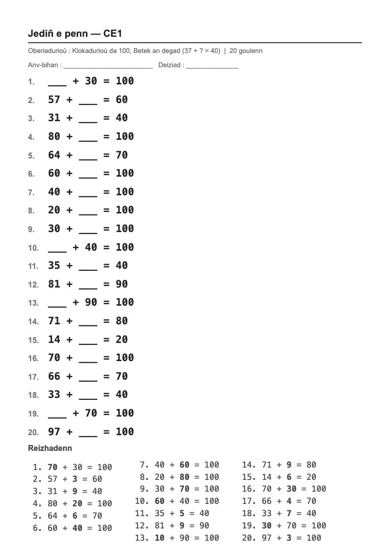 Calcul mental — CE1 : les compléments à la dizaine et à 100, fiches d'exercices à imprimer (consignes en breton)