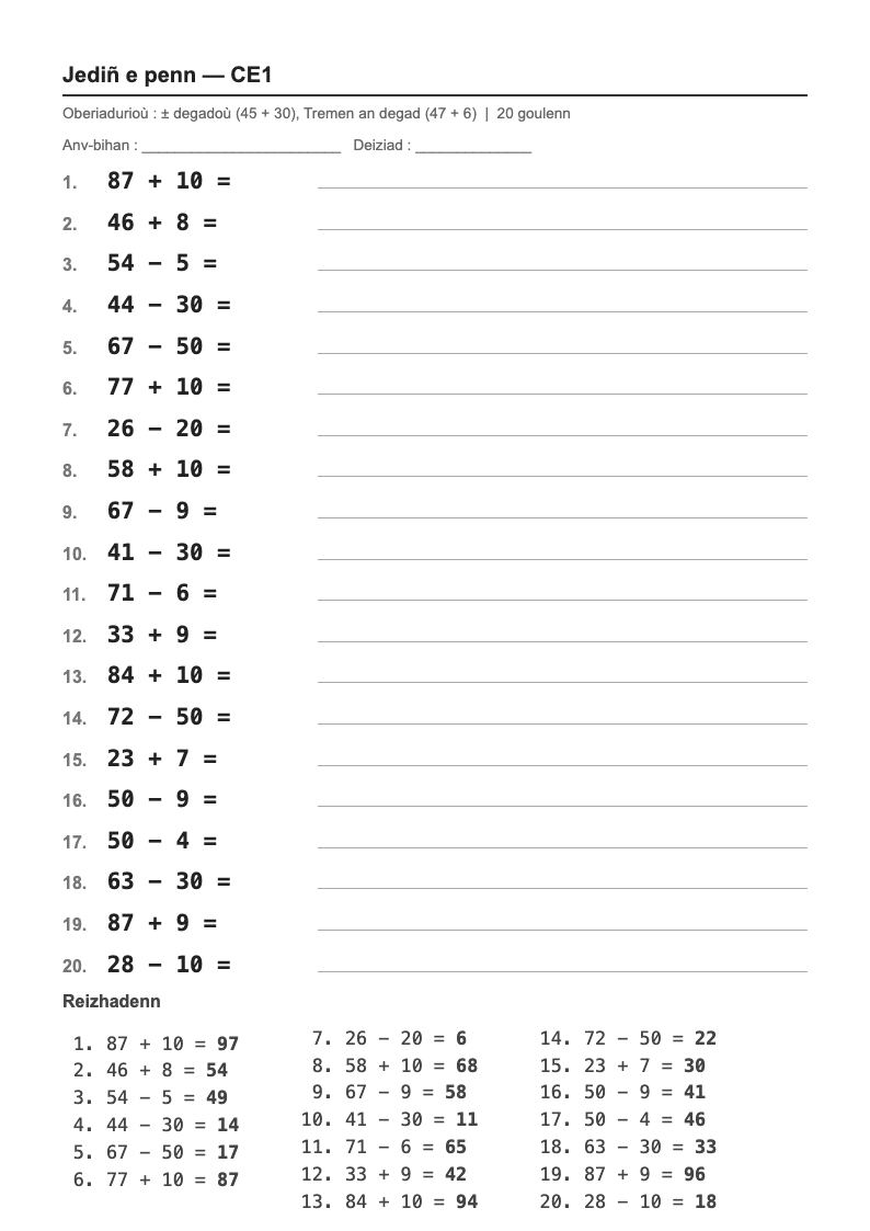 Calcul mental — CE1 : ajouter des dizaines, passer la dizaine, fiches d'exercices à imprimer (consignes en breton)