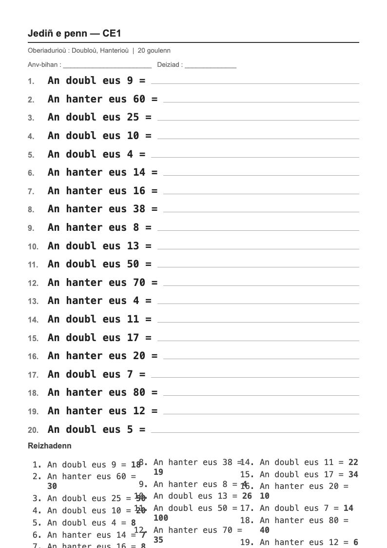 Calcul mental — CE1 : doubles et moitiés, fiches d'exercices à imprimer (consignes en breton)