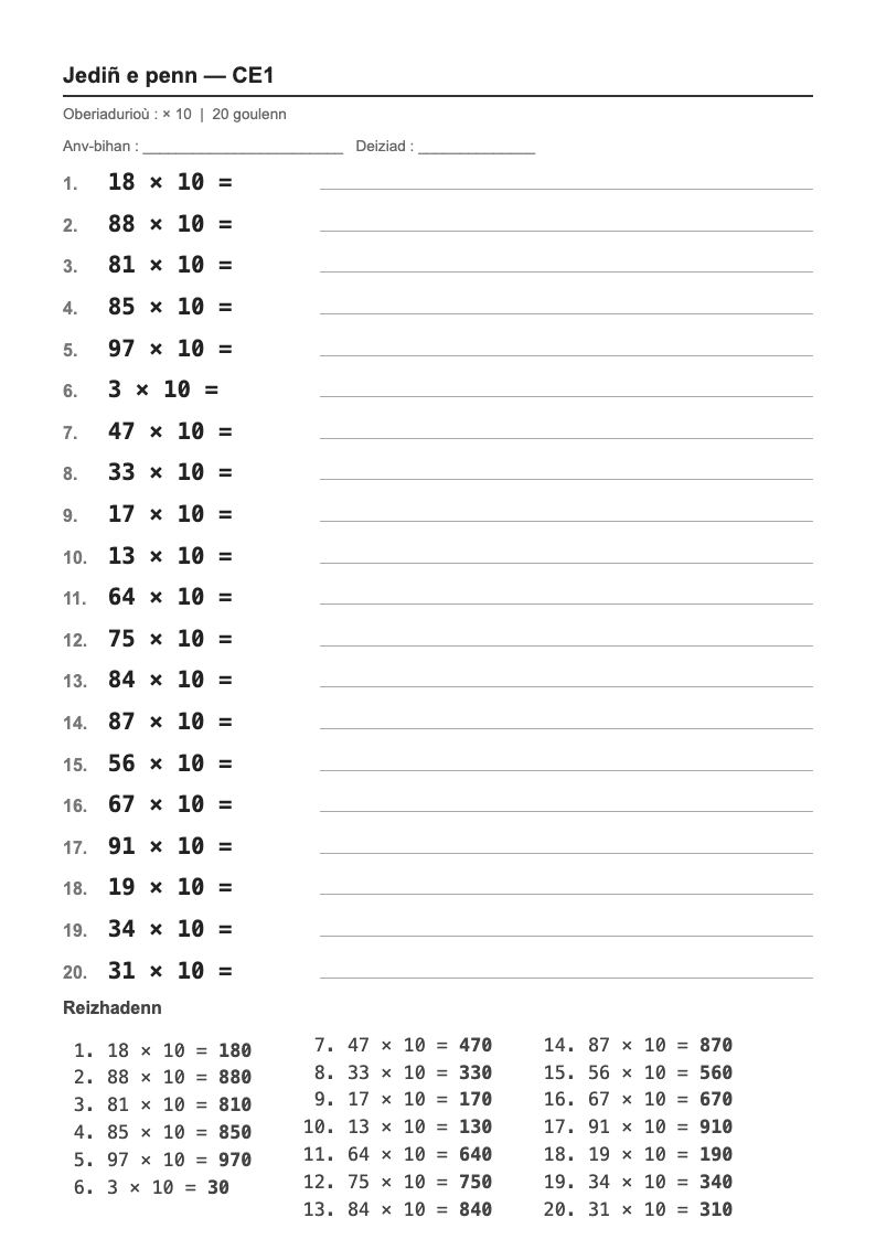 Calcul mental — CE1 : multiplier par 10 et par 100, fiches d'exercices à imprimer (consignes en breton)