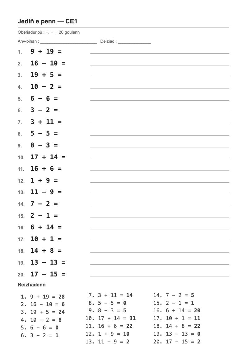 Calcul mental — CE1 : les tables d'addition, fiches d'exercices à imprimer (consignes en breton)