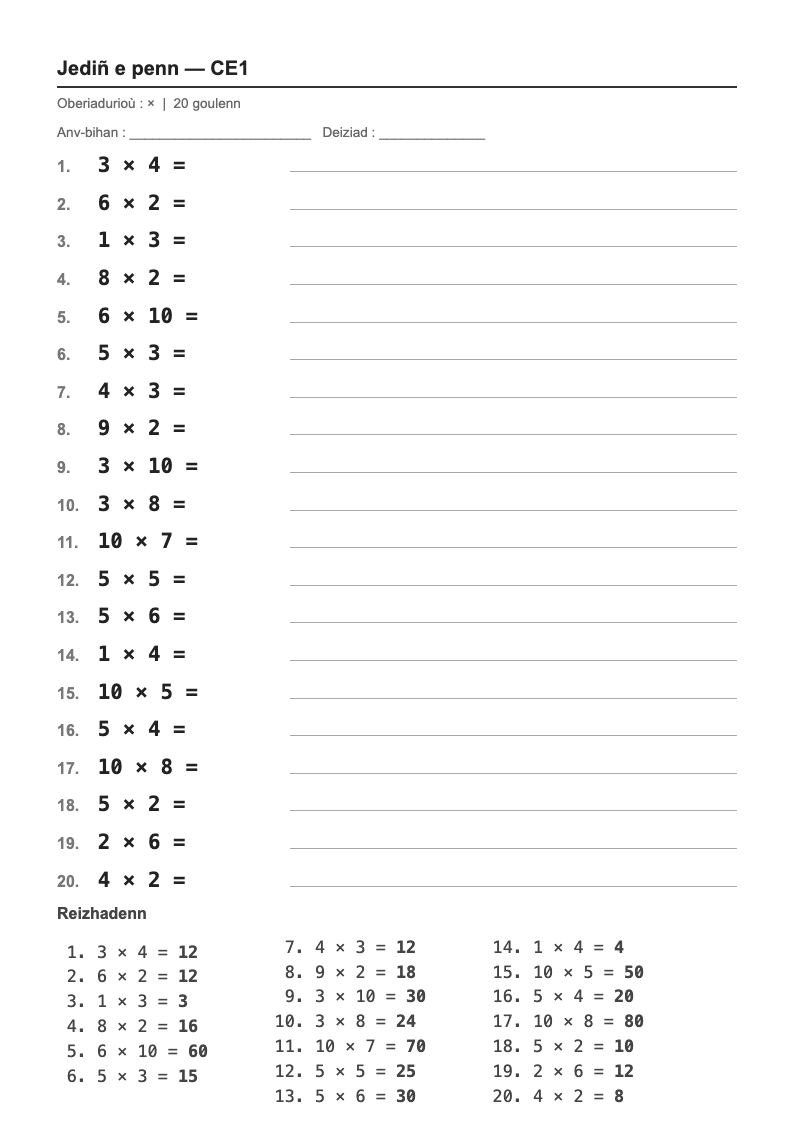 Calcul mental — CE1 : les tables de multiplication, fiches d'exercices à imprimer (consignes en breton)
